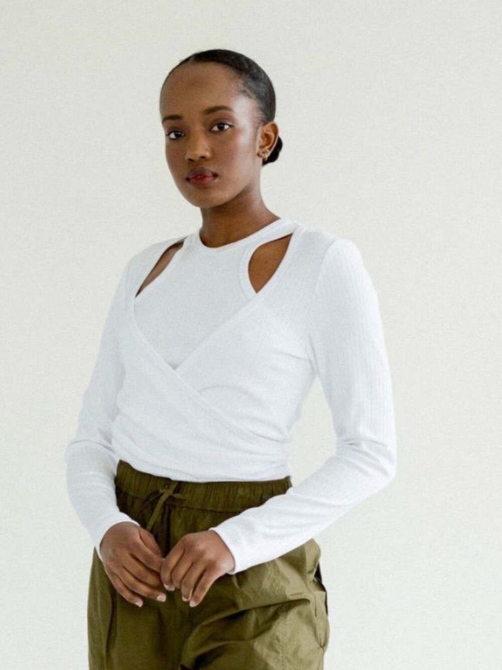GANNI Rib jersey Wrap Blouse in White